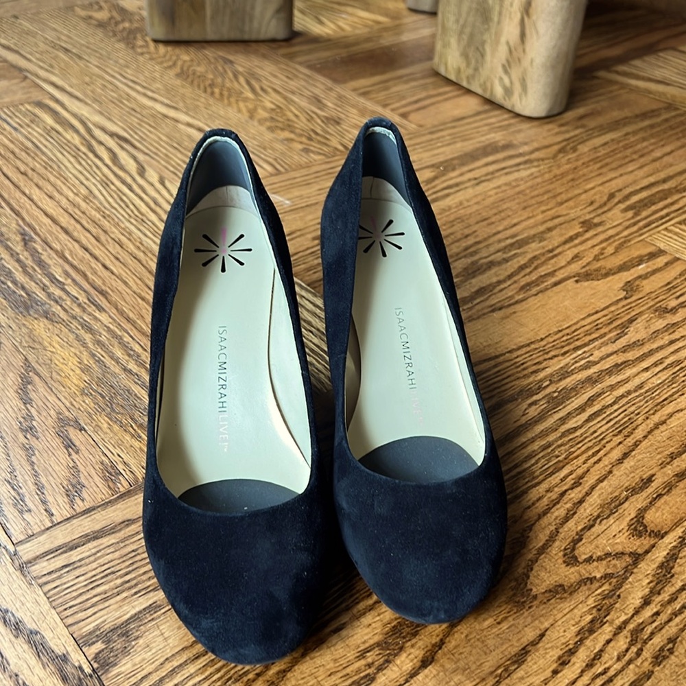 Issac Mizrahi. Black suede wedge pumps. Size 6.5. Excellent condition.